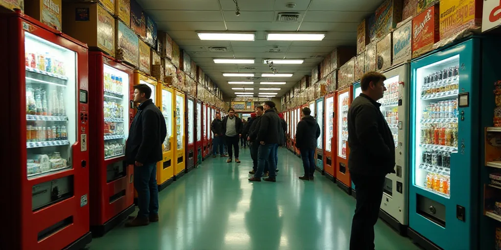 a group of people standing around a store filled with items and vending machines with people standin
