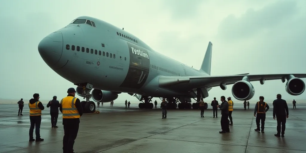 a group of people standing around a large airplane with a fuel tank on it's side and a man in a yell