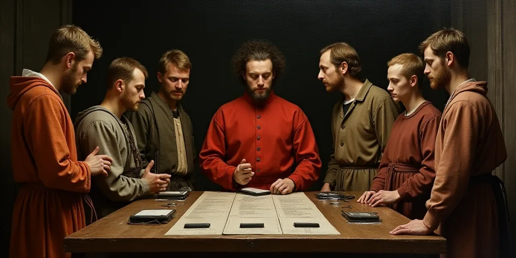 a group of people standing around a table in a factory with cell phones on it and a man in a red shi