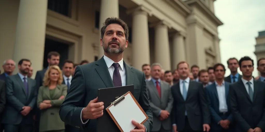 a group of people standing around a building with a man holding a folder and a clipboard in his hand