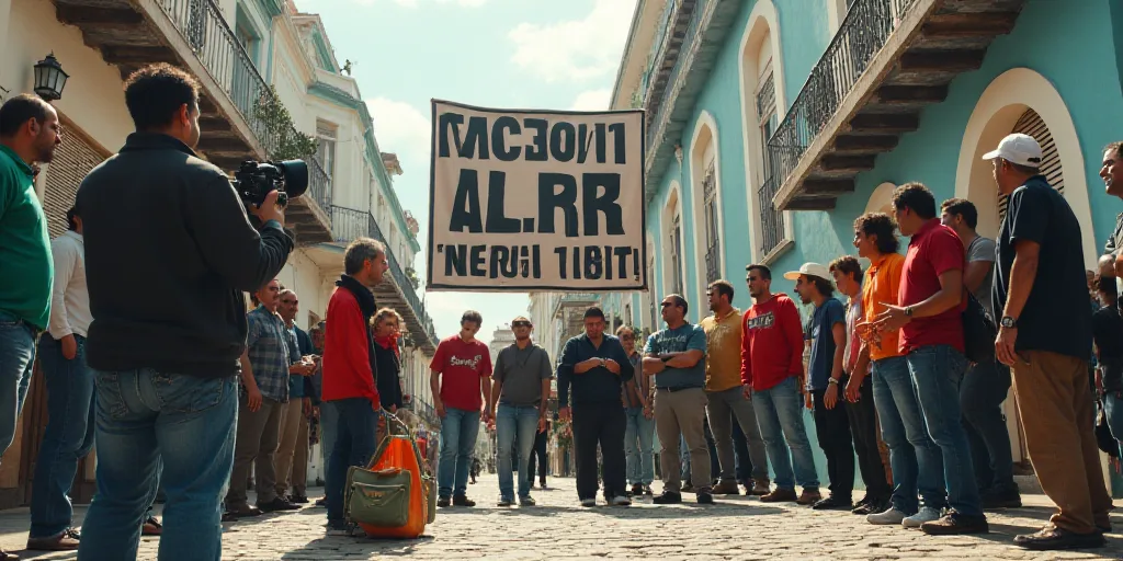 a group of people standing around a sign in front of a building with a camera man taking a picture,