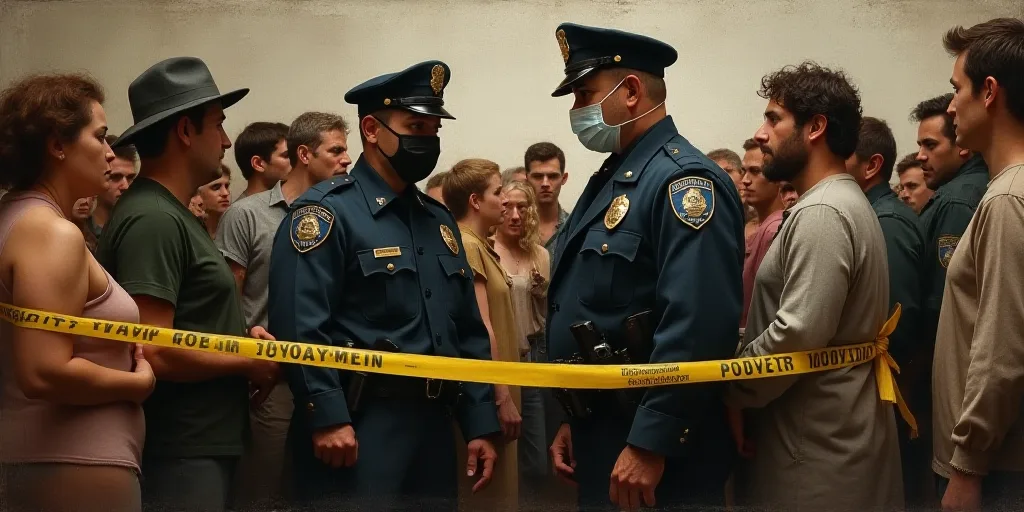 a group of people standing around a police officer wearing a face mask and a police officer holding