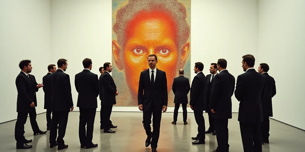 a group of people standing around a man in a suit and tie in a room with a white wall, David Alfaro
