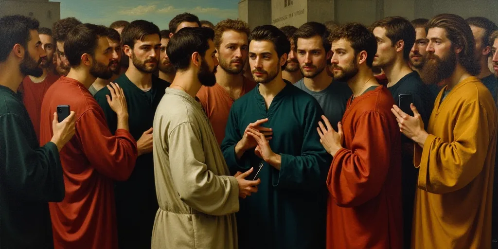 a group of people standing around each other in a crowd of people with one person holding a cell pho