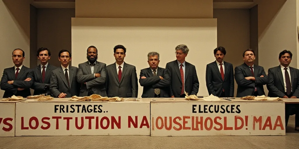 a group of people standing behind a table with papers in front of them and a sign that says institut