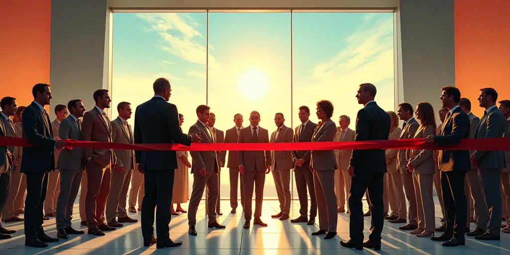 a group of people standing behind a ribbon cutting a ribbon at a ribbon cutting ceremony in a buildi