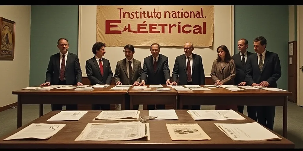 a group of people standing behind a table with papers in front of them and a sign that says institut