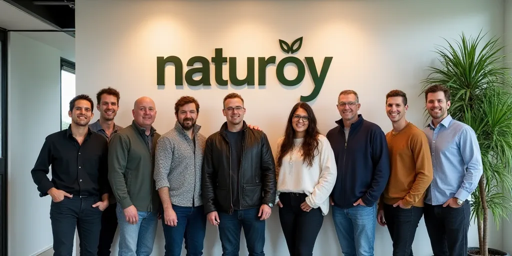 a group of people standing in front of a wall with a naturoy logo on it and a plant, Aramenta Dianth