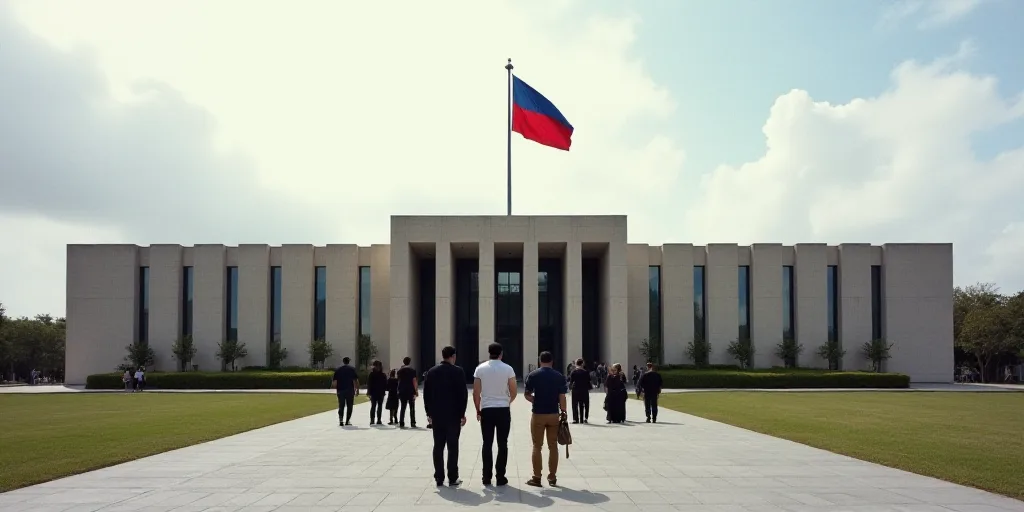 a group of people standing in front of a building with a flag on top of it and a flag pole, Carlos F