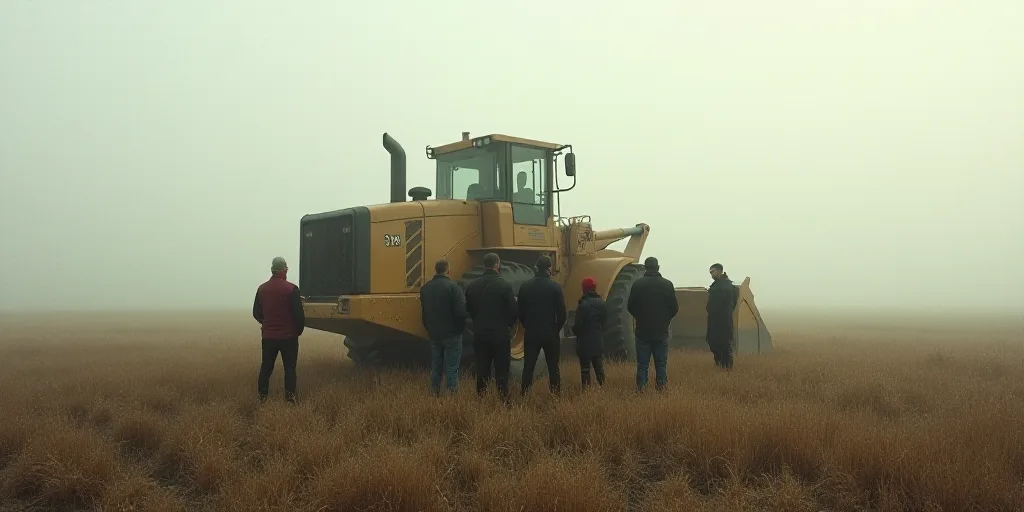 a group of people standing in front of a bulldozer in a field with a foggy sky, Ceferí Olivé, houd