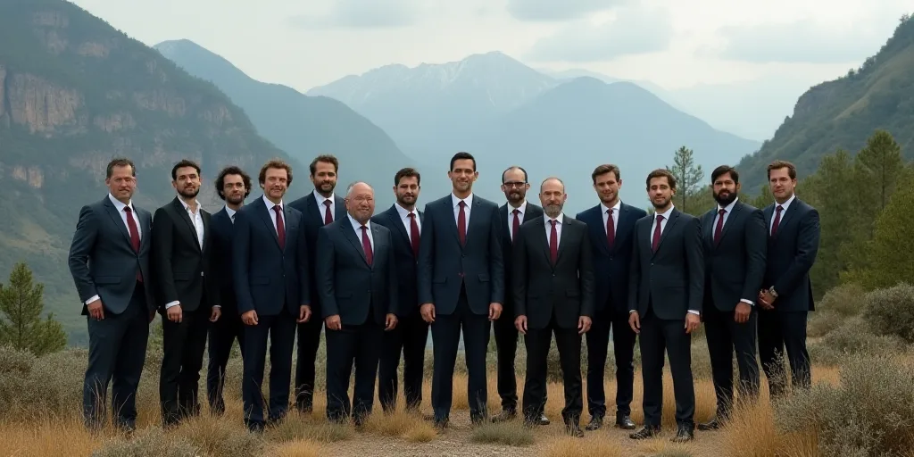 a group of people standing in front of a mountain range with trees and bushes in the background, all