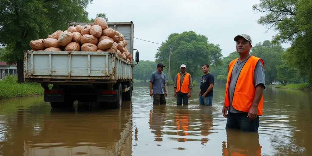 a group of people standing in a flooded area next to a truck with bags of food on it and a man in a