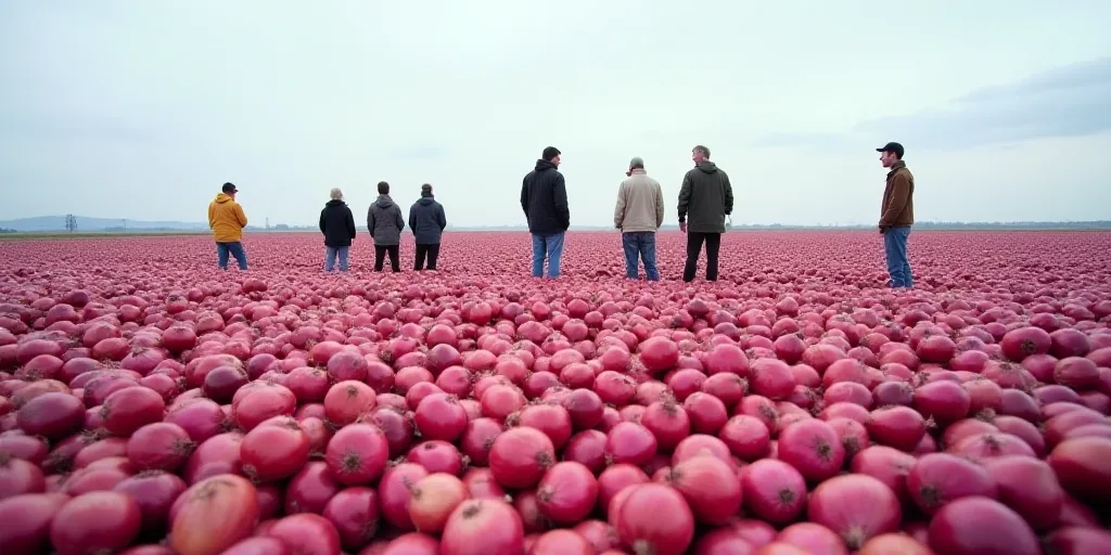 a group of people standing in a field of red onions with a sky background and a line of rows of rows