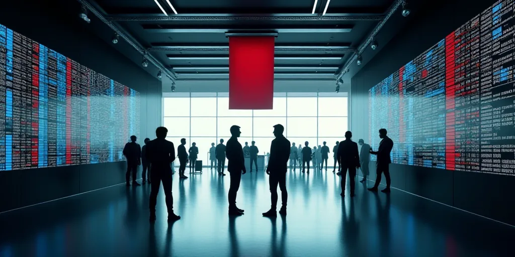 a group of people standing in a lobby next to a wall of stock information and a flag hanging from th