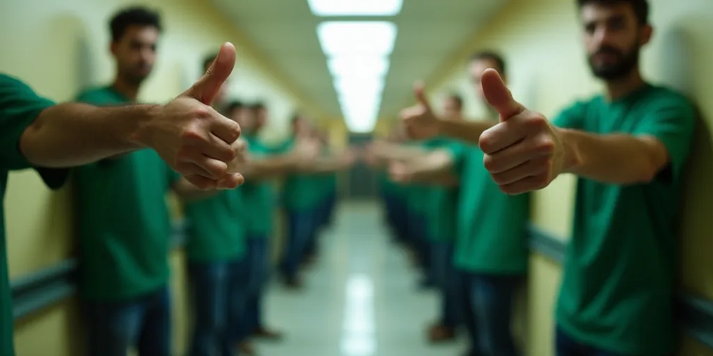 a group of people standing in a hallway with thumbs up and thumbs down in front of them, all wearing
