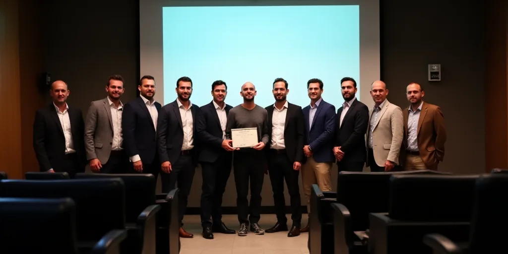 a group of people standing in front of a screen in a conference room with a projector screen behind