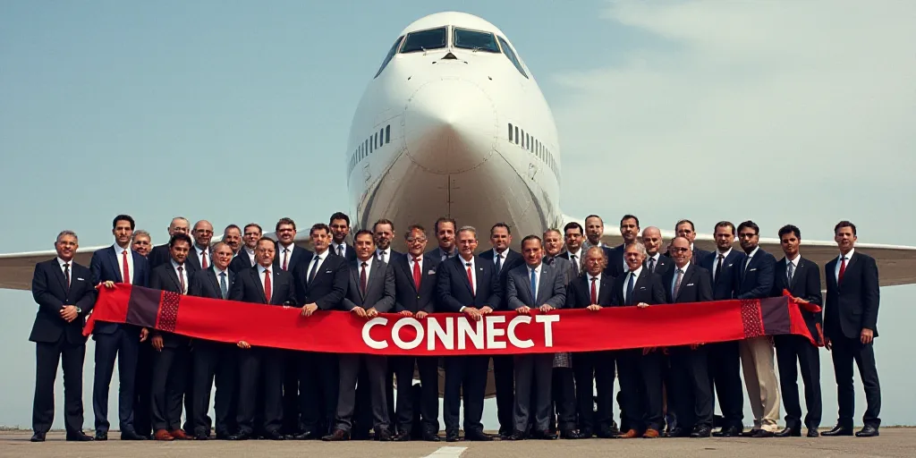 a group of people standing in front of a plane with a ribbon in front of them that says connect, Edd
