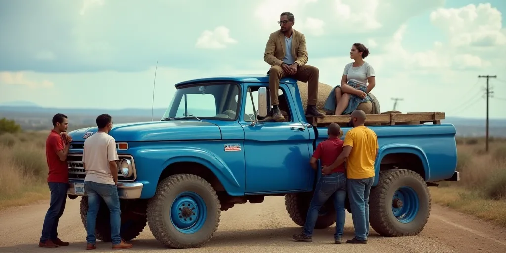 a group of people standing in front of a blue truck with a man on top of it and a woman on the back