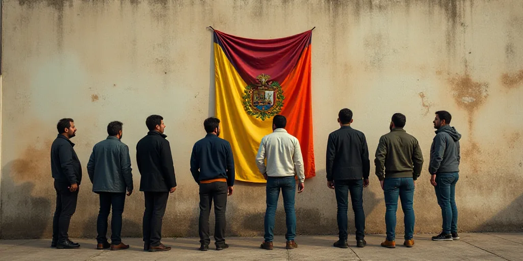 a group of people standing in front of a wall with a coat on it and a flag hanging on the wall, Carl