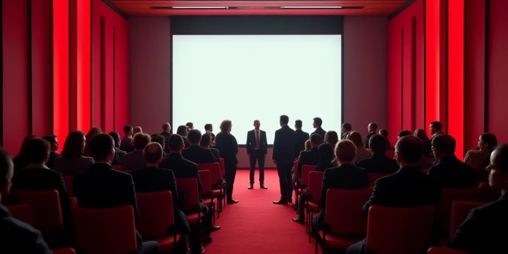 a group of people standing in front of a screen in a room with red chairs and red chairs and a scree