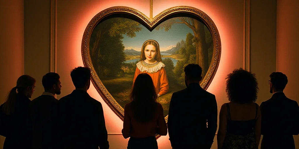 a group of people standing in front of a heart shaped mirror with a painting on it's wall, David LaC