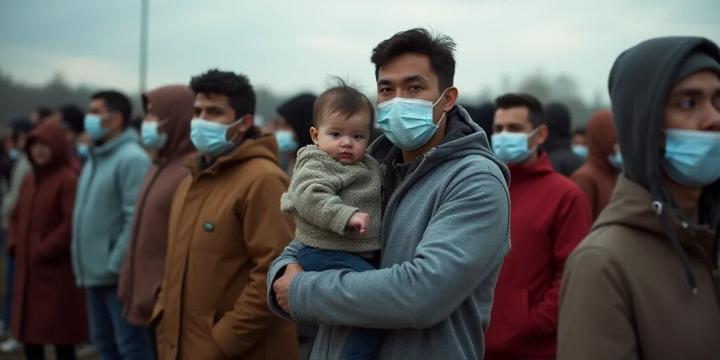 a group of people standing in a line with masks on their faces and one man holding a baby in his arm