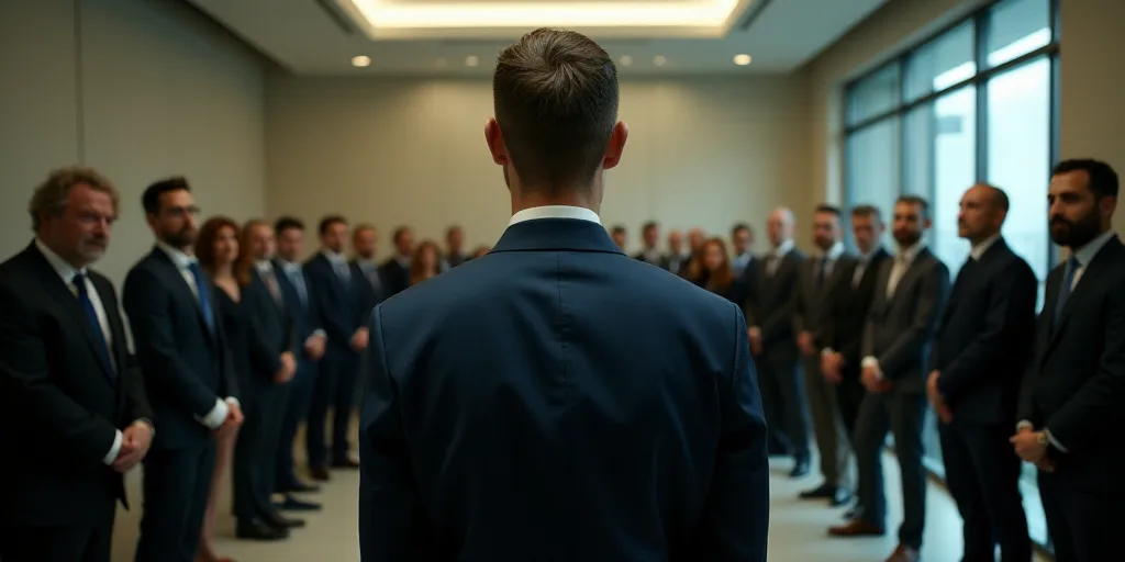 a group of people standing in a room together with a man in a suit and tie in front of them, Carlos