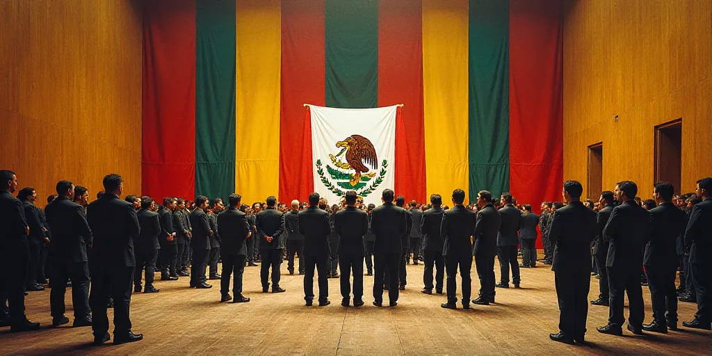 a group of people standing in a room with a flag on the wall and a stage with a flag on it, David Al