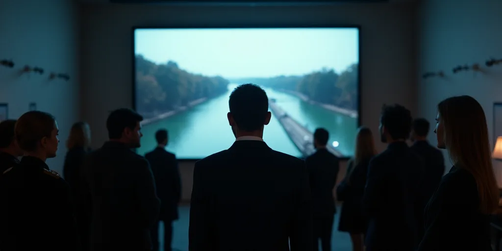 a group of people standing in front of a tv screen with a picture of a river on it and a man in unif