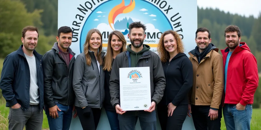 a group of people standing in front of a sign with a certificate in front of them and a banner in th