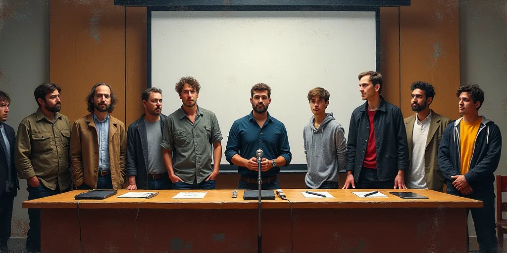 a group of people standing in front of a table with a microphone and a podium on it with a screen be