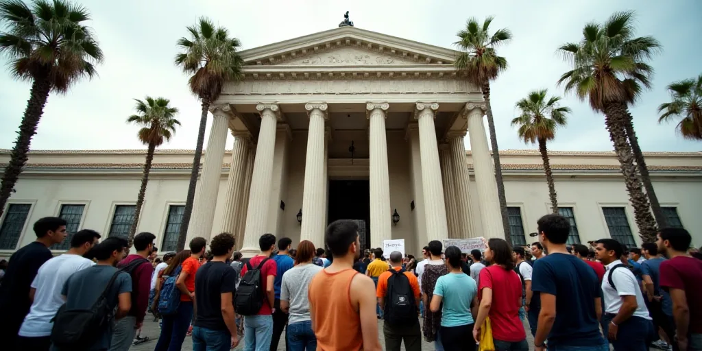 a group of people standing in front of a building with palm trees in the background and a sign that