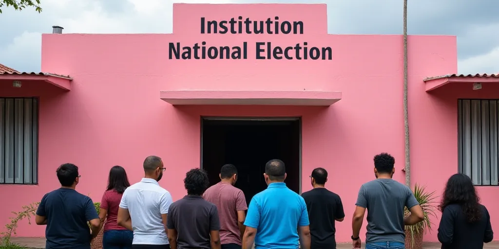 a group of people standing in front of a pink building with a sign that says institution national el