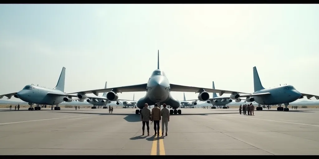 a group of people standing in front of a bunch of planes on a runway with military personnel standin