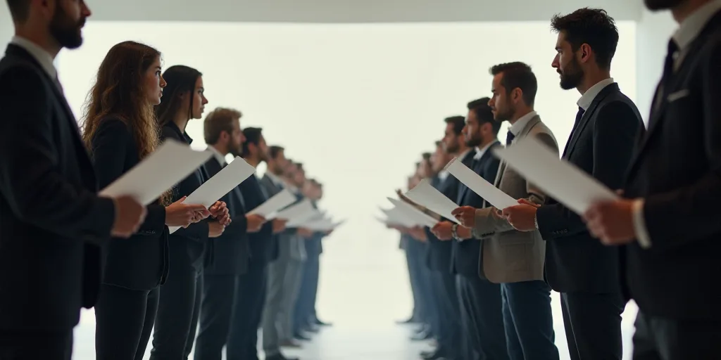 a group of people standing in a line with papers in their hands and looking at each other with a ser