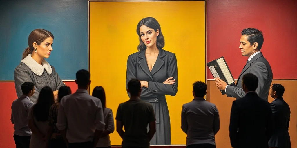 a group of people standing in front of a painting of a woman with arms crossed and a man holding a b