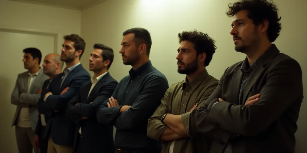 a group of people standing next to each other in a room with a wall and a ceiling light in the backg