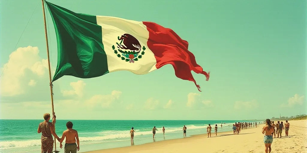 a group of people standing next to a large mexican flag kite on a beach in the ocean with people sta