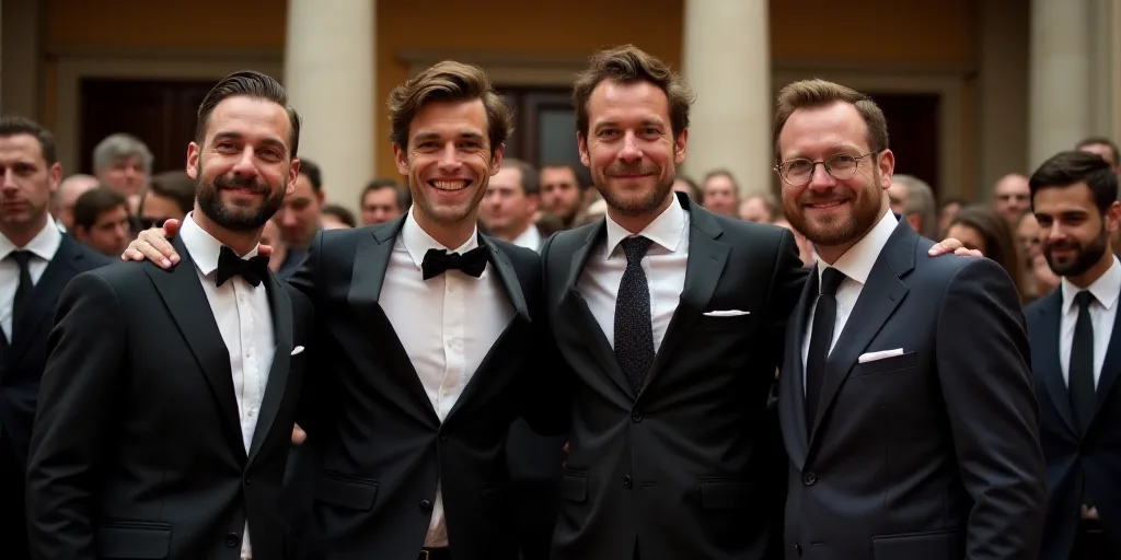 a group of people standing next to each other in suits and ties smiling for a picture together in fr