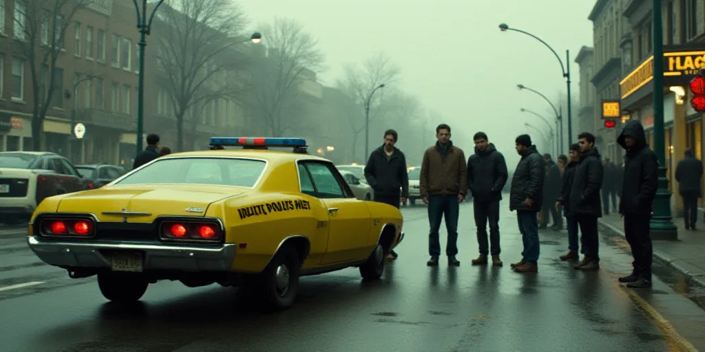 a group of people standing next to a car with a yellow tape on it's side and a police tape on the ba