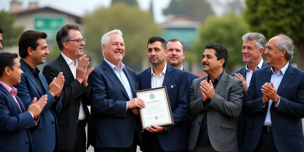 a group of people standing next to each other holding a plaque in their hands and clapping hands in