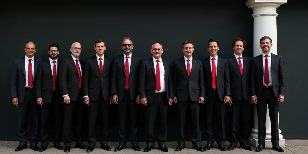 a group of people standing next to each other in front of a black wall with a white column and a red