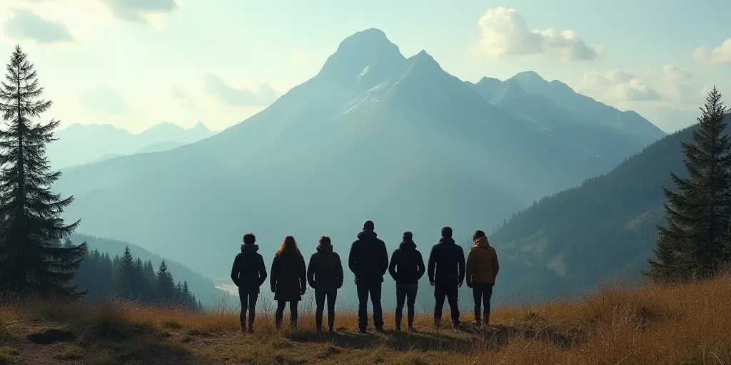 a group of people standing next to each other in front of a mountain range with trees and a sky back