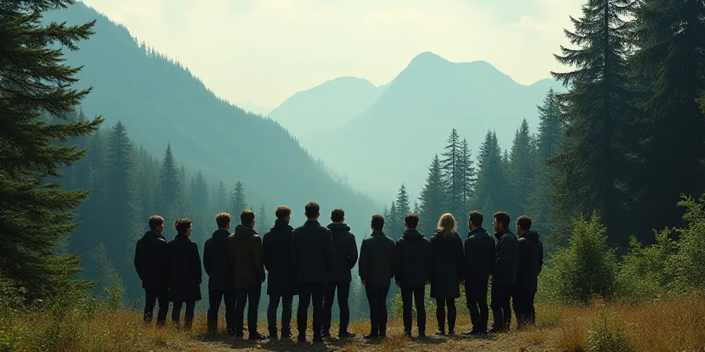 a group of people standing next to each other in front of a forest filled with trees and mountains i