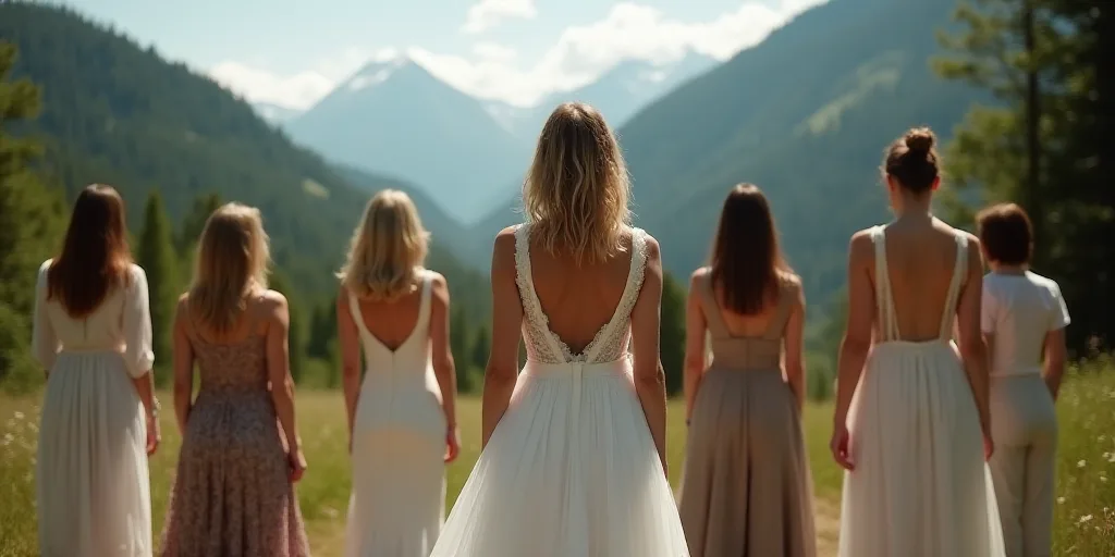 a group of people standing next to each other in front of trees and mountains in the background, wit