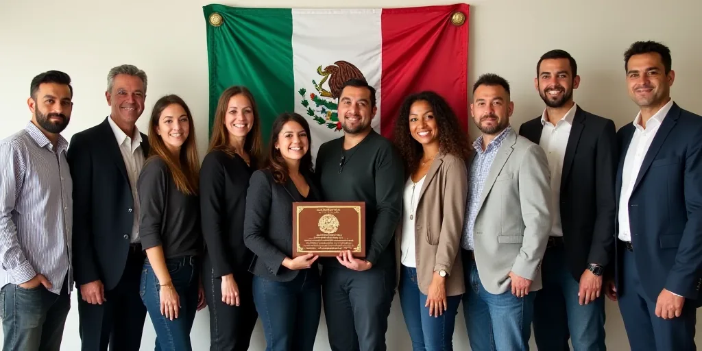 a group of people standing next to each other holding a plaque in front of a wall with a mexican log