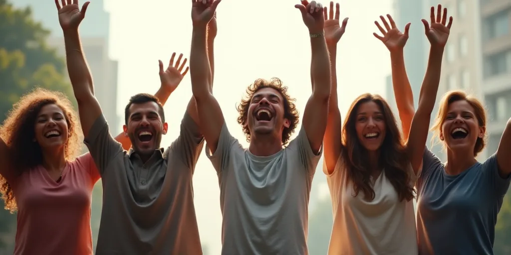 a group of people standing next to each other with their arms in the air and smiling at the camera,