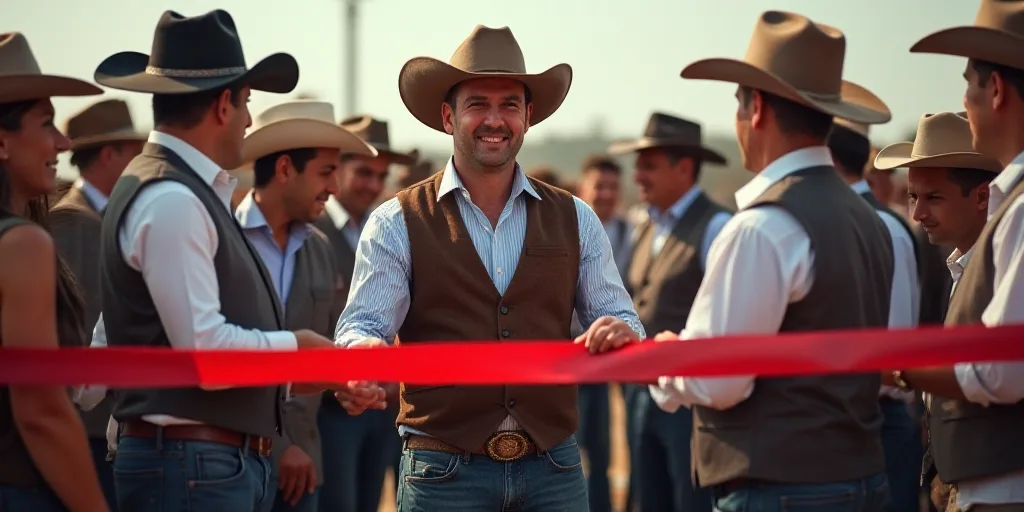 a group of people standing next to each other holding a ribbon and a man in a cowboy hat and vest, C