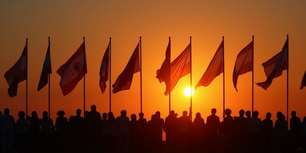 a group of people standing next to flags flying in the air at sunset or dawn with sun shining behind