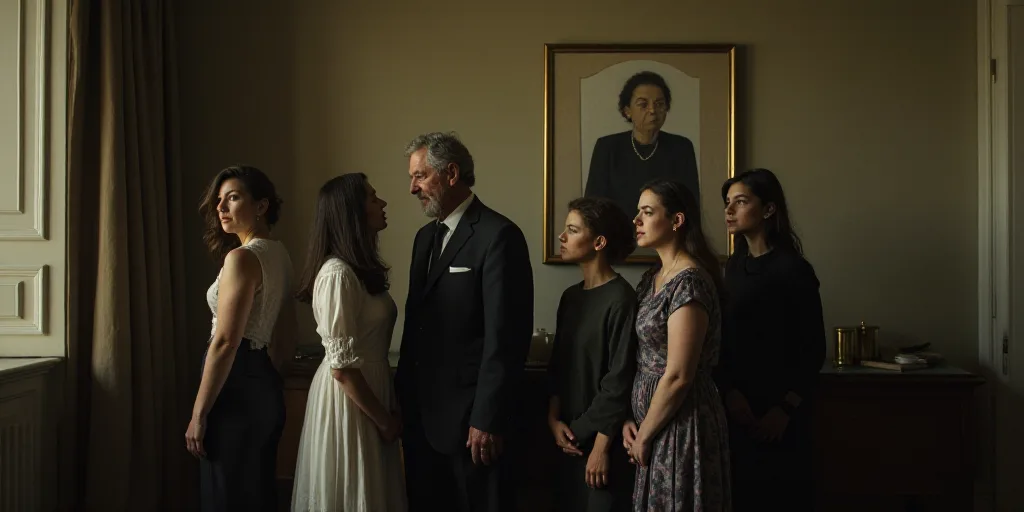 a group of people standing next to each other in a room with a portrait of a man and woman, Ada Glad